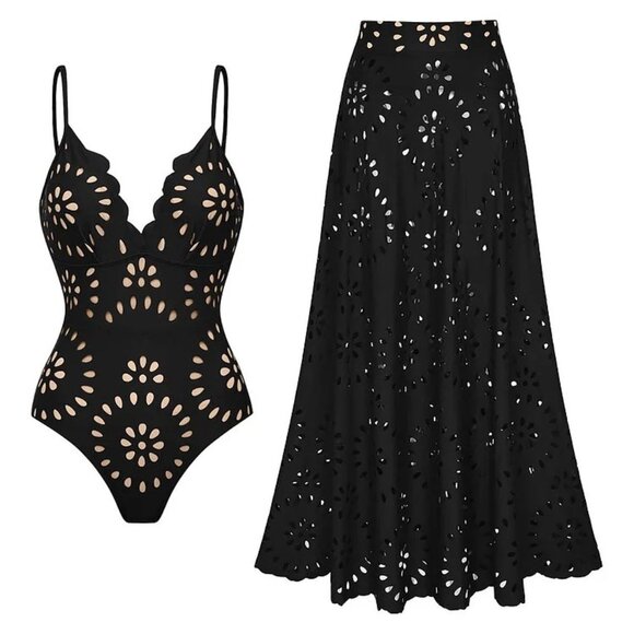NWOT Flaxmaker LaserCut One piece swimsuit & ?matching long skirt medium - Picture 1 of 6